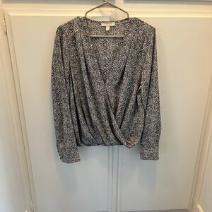 Chelsea28 Black and White Wrap Blouse with button sleeves. Size large.